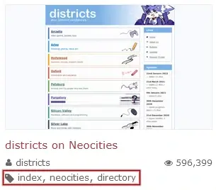 Neocities Districts, tagged index, neocities, and directory